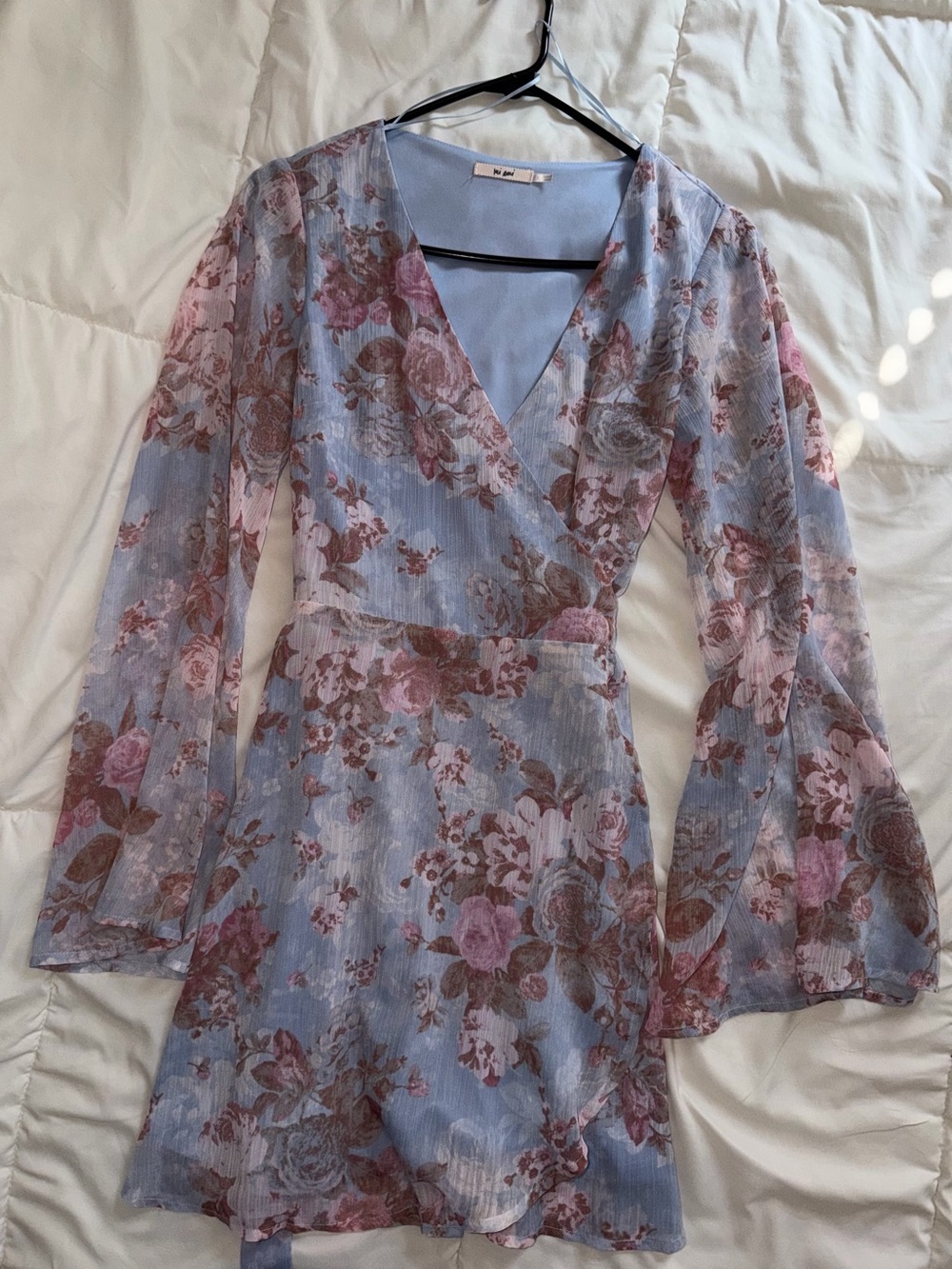 Mi Ami Pale Blue Floral Midi Dress with Pink Blooms